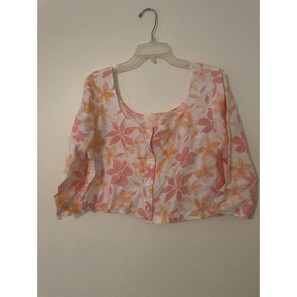 Women’s 100% Linen Floral Cropped Top XL Scoop Neck Floral Balloon Sleeve